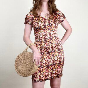 Vintage 100% Silk Kaleidoscope Multicolor Short Sleeve Mini Fitted Sheath Dress
